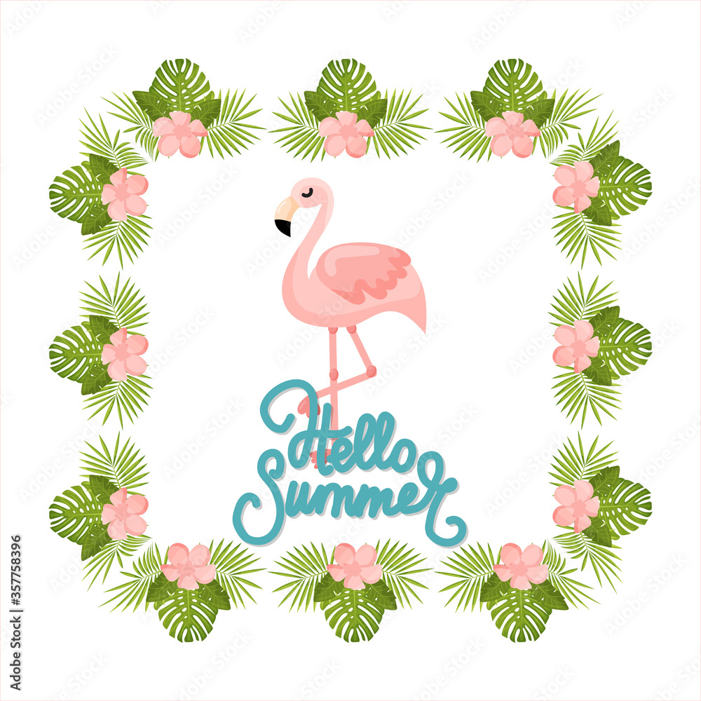 Fototapeta premium Tropical Flowers and Flamingo Summer Banner, Graphic Background, Exotic Floral Invitation, Flyer or Card. Vector illustration