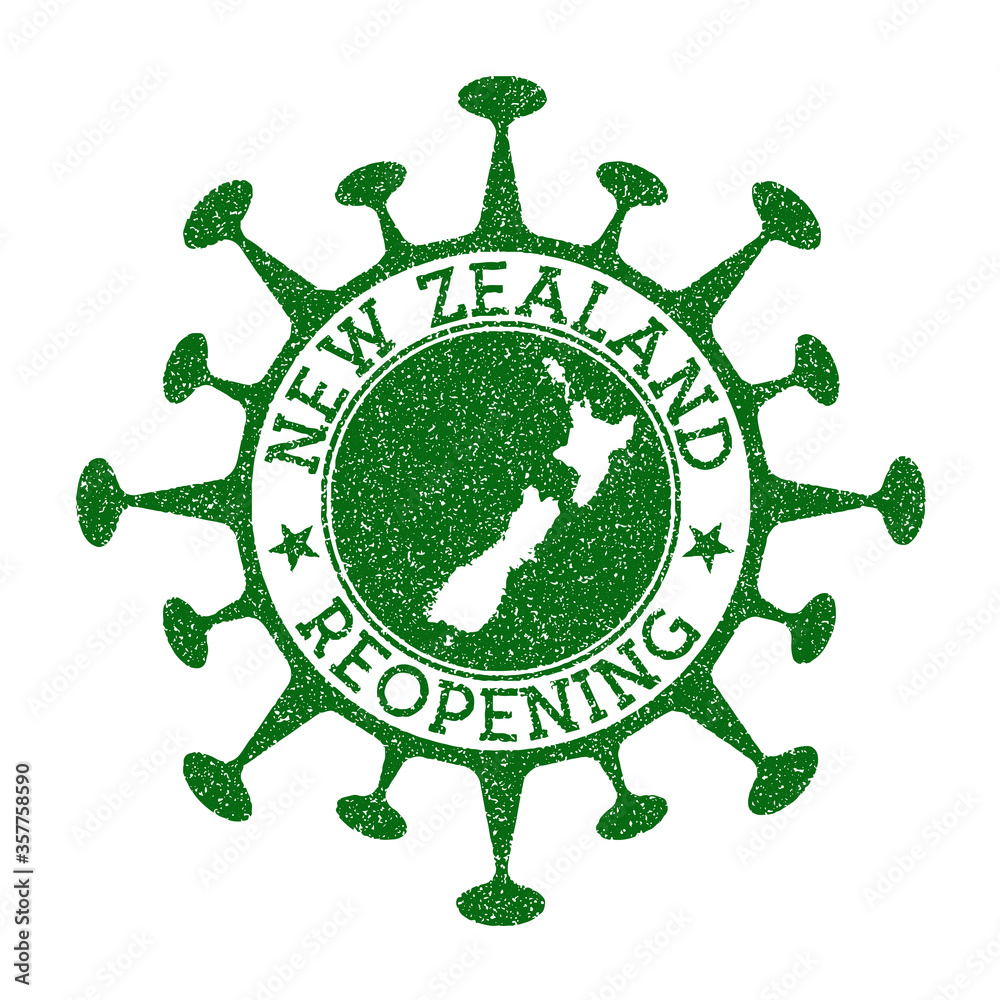 New Zealand Reopening Stamp. Green round badge of country with map of New Zealand. Country opening after lockdown. Vector illustration.