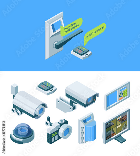 Camera security smart isometric set. Modern electronic security home office fingerprint scanner monitor electric lock switch lock street dome cameras ptz, automated surveillance. Vector isometric.