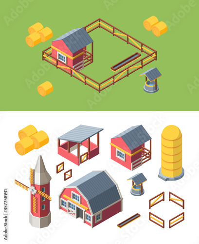 Farm buildings isometric set. Warehouse storing vibrant grain hay drinking bowl mill granary twisted haystack animals barn wooden fence retro well chicken coop. Vector organic farm.