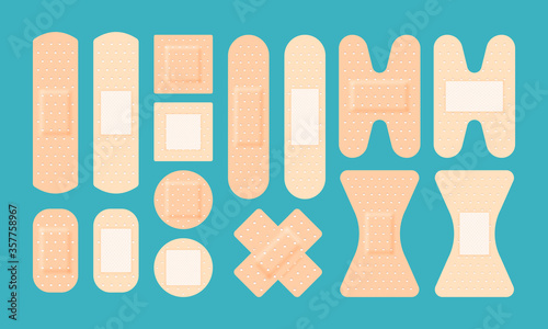 Plaster adhesive medical set. Patch antiseptic various forms green background direct square cruciform bactericidal transdermal corn medical healing first aid injuries cuts. vector Realistic style.