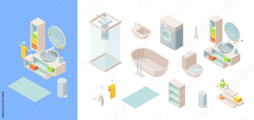 Isometric bathroom set. Controlled shower, washing machine rug wash basin mirror bathtub faucets toilet bowl with tank holders towels toilet paper shelves towels detergents brush. Vector isometric. Isometric bathroom set. Controlled shower, washing machine rug wash basin mirror bathtub faucets toilet bowl with tank holders towels toilet paper shelves towels detergents brush. Vector isometric.