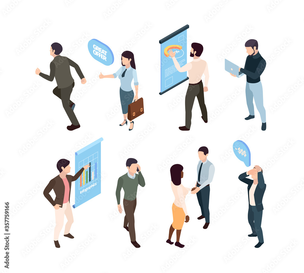 People isometric manager analytic. Girl pleased result man looking infographics manager saddened monetary loss analyst laptop courier afroamerican girl greets partner. Business isometry vector. People isometric manager analytic. Girl pleased result man looking infographics manager saddened monetary loss analyst laptop courier afroamerican girl greets partner. Business isometry vector.