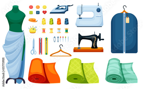 Supplies sewing set. Sewing machine white iron centimeter singer hanger scissors mannequin roll fitting of fabric orange pin yellow bobbin thread green spool button needle zipper. Clipart vector.