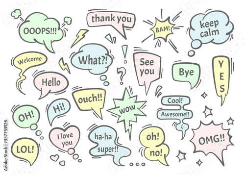 Speech bubble dialogs set. Colored conversational drawn message thoughts chat comics dialog cloud text question exclamation, art animated information white background. Color vector cartoon.