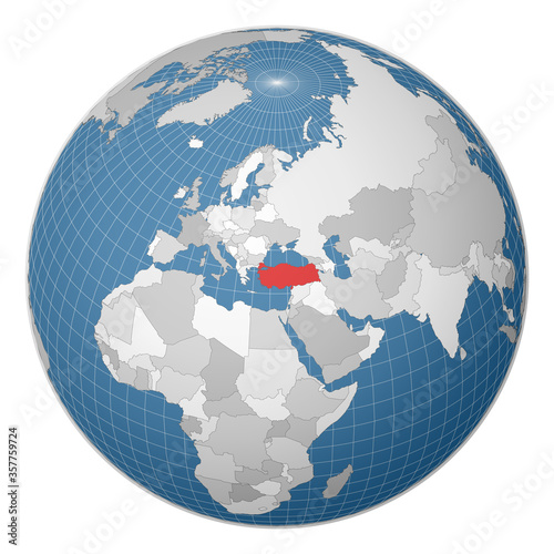 Globe centered to Turkey. Country highlighted with green color on world map. Satellite world projection. Artistic vector illustration.