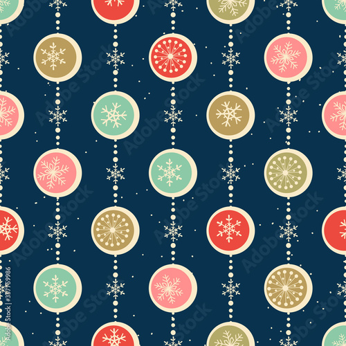 Merry Christmas  Happy New Year seamless pattern with snowflakes and balls for greeting cards  wrapping paper. Doodles. Seamless colorful winter pattern on black background. Vector illustration.