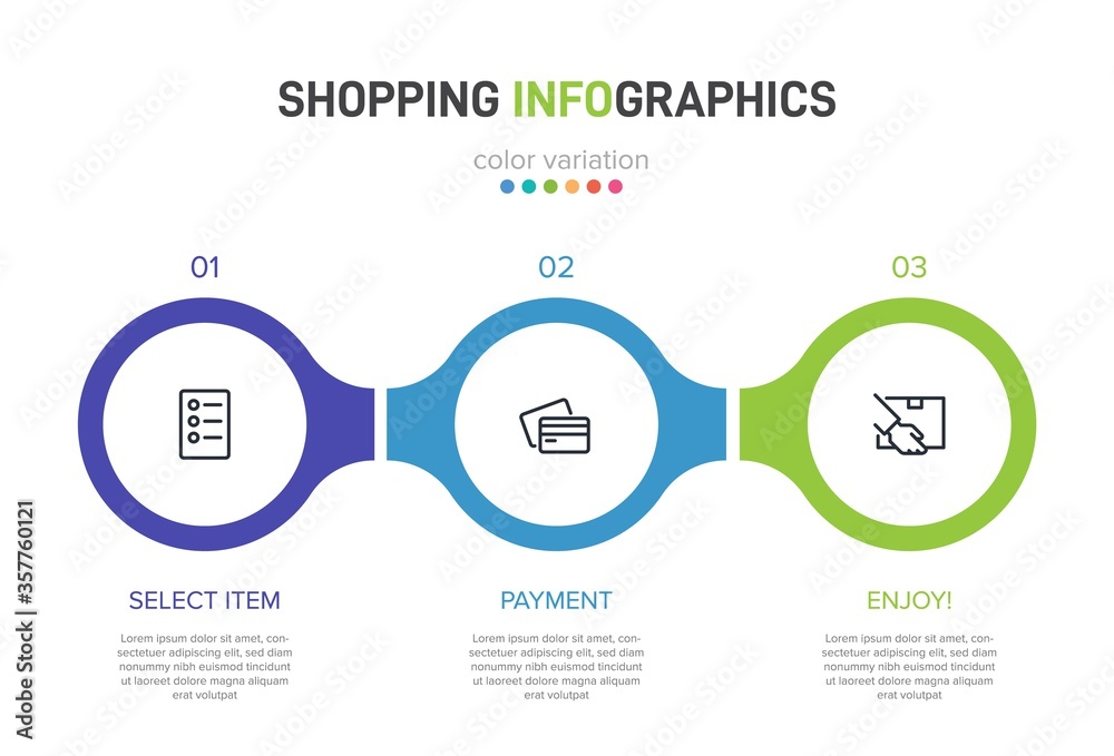 Concept of shopping process with 3 successive steps. Three colorful graphic elements. Timeline design for brochure, presentation, web site. Infographic design layout. Concept of shopping process with 3 successive steps. Three colorful graphic elements. Timeline design for brochure, presentation, web site. Infographic design layout.