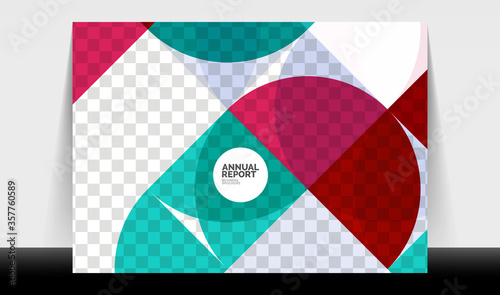Horizontal A4 business flyer annual report template, circles and triangle style shapes modern geometric design for brochure layout, magazine or booklet