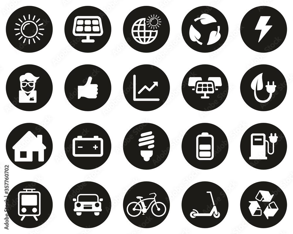 Solar Energy Or Renewable Energy Icons White On Black Flat Design Circle Set Big Solar Energy Or Renewable Energy Icons White On Black Flat Design Circle Set Big