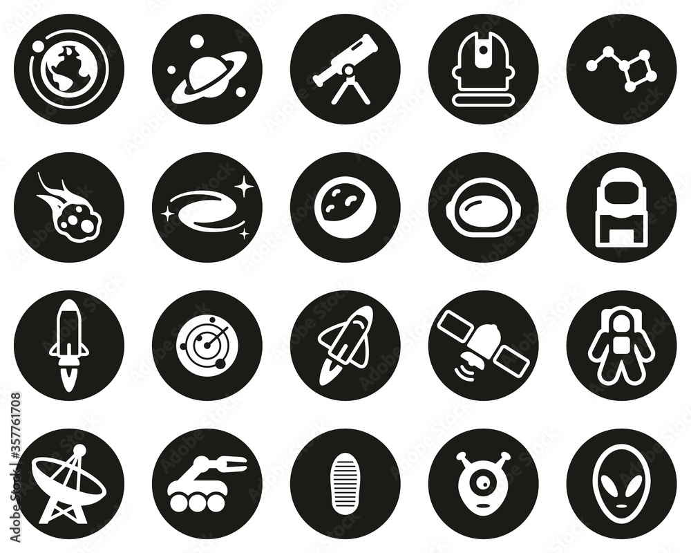 Space Or Space Mission Icons White On Black Flat Design Circle Set Big Space Or Space Mission Icons White On Black Flat Design Circle Set Big