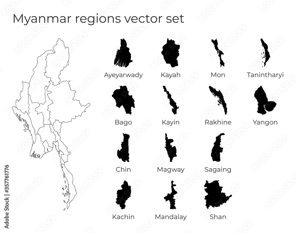 Myanmar map with shapes of regions. Blank vector map of the Country