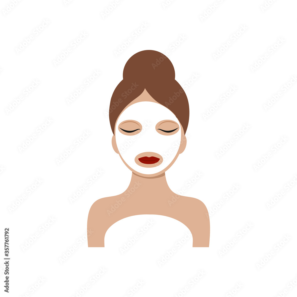 A beautiful girl put a white cosmetic mask on her face. A woman's face isolated on a white background. Vector flat illustration for beauty salon, cosmetology, Spa A beautiful girl put a white cosmetic mask on her face. A woman's face isolated on a white background. Vector flat illustration for beauty salon, cosmetology, Spa