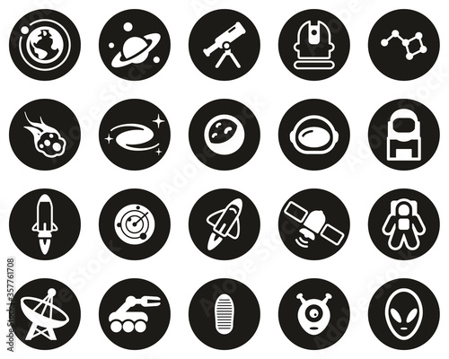 Space Or Space Mission Icons White On Black Flat Design Circle Set Big