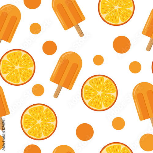 ice cream on a stick and slices of orange seamless pattern in vector flat style. bright, summer juicy background white