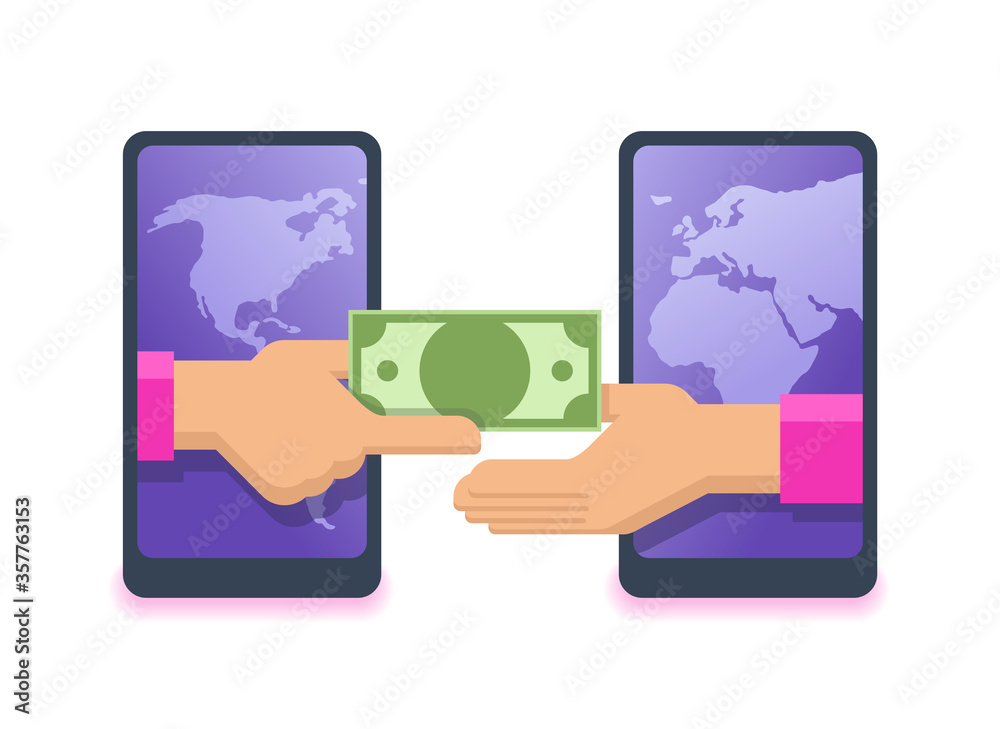 Money transfer icon - international financial transaction concept - two phones with world map and outstretched hands holds money Money transfer icon - international financial transaction concept - two phones with world map and outstretched hands holds money