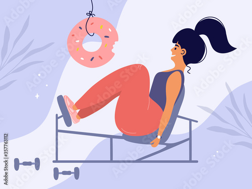 Stay home, keep fit and positive. Reward and motivation concept. Young woman on exercise machine doing workout looking at donut. Physical activity, diet, count calories. Sport, gym vector illustration
