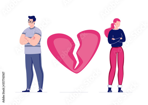 The concept of breaking the love relationship. Divorce. Former couple. Conflict between lovers. Broken heart. Parting a heterosexual couple. Vector. Illustration in a flat cartoon style.