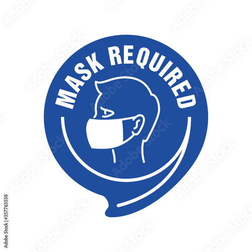 Mask required warning prevention sign - human profile silhouette with face mask in rounded rectangular frame - isolated vector information stamp