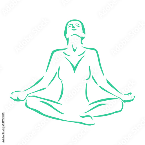 Female meditation lotus pose - drawn woman in yoga asana position - vector monochrome illustration or logo