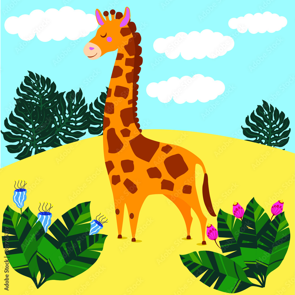 Fototapeta premium giraffe sky flowers vector illustration cartoon style
