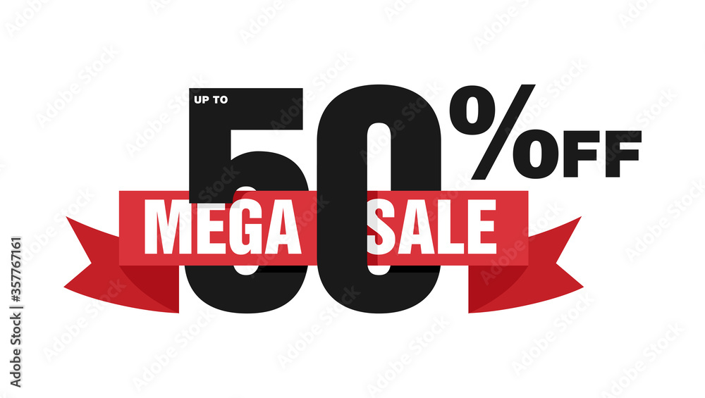 Fototapeta premium Mega sale up to 50 off - promo badge with ribbon and special offer info - isolated vector element for banner, poster, sticker