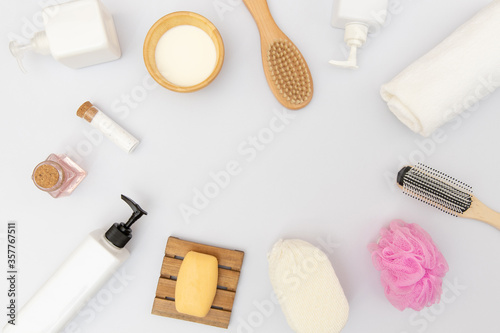 top view of spa treatment hygiene objects isolated on white background