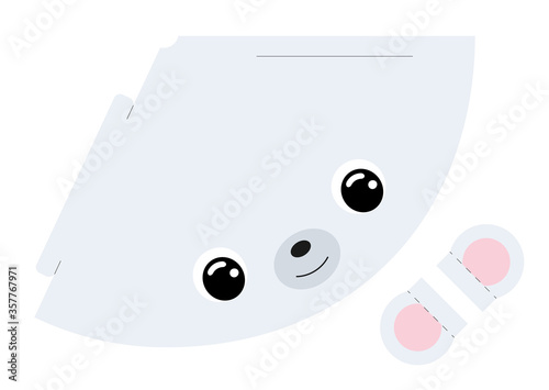 Printable mockup cap polar bear. Festive cone template for birthday, party, baby shower. Fun accessory for entertainment. Cardstock cap layout construction. Print and cut. Vector illustration.