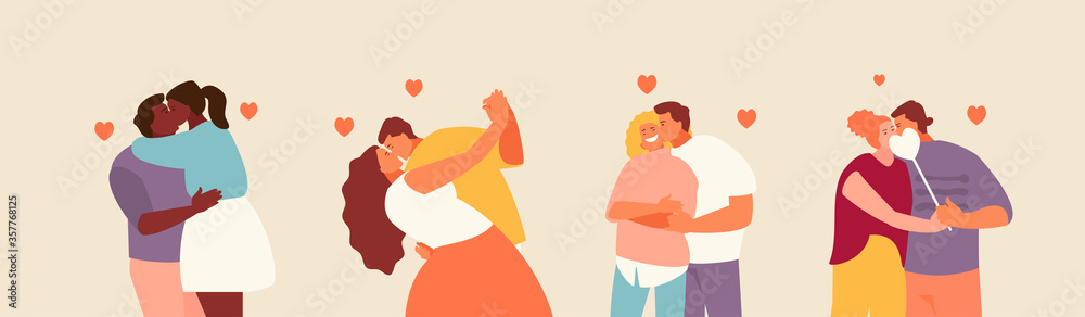 Group of romantic kissing couples. Valentines day, date and love. Vector characters Group of romantic kissing couples. Valentines day, date and love. Vector characters