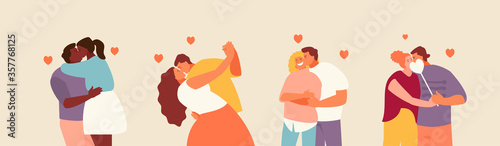 Group of romantic kissing couples. Valentines day, date and love. Vector characters