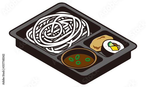 お持ち帰りの冷たいざるうどんと助六寿司のお弁当