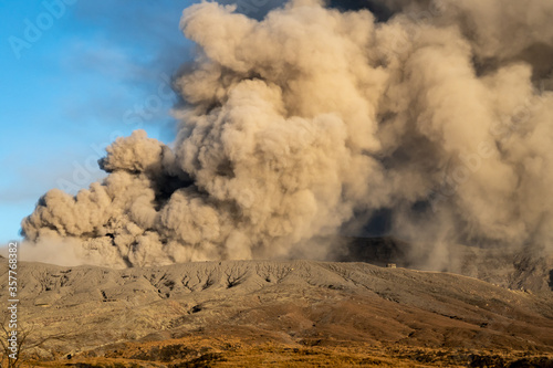 Spectacular view of Mount Aso (largest active volcano in Japan) venting ashes before explosion. Date: 05/11/19. Kumamoto Prefecture, Kyushu, Japan.