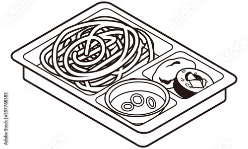 お持ち帰りの冷たいざるうどんと助六寿司のお弁当