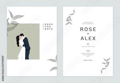 Minimalist, foliage wedding invitation card template design, wedding photo decorated with hand drawn eucalyptus leaves