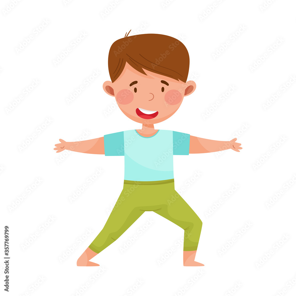 Little Boy Character Practising Yoga Stretching and Breathing Vector Illustration