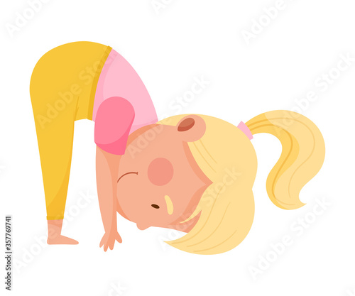 Little Girl Character Practising Yoga Stretching and Breathing Vector Illustration
