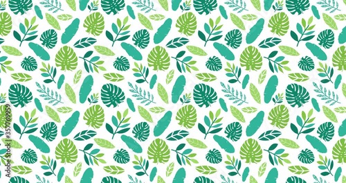 Seamless pattern with tropical leaves on white background. Loop animation 4K