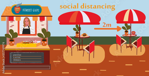 Social distance concept in restaurant : a distance apart in street cafe . COVID-19 pandemic time. Vector illustration, modern design