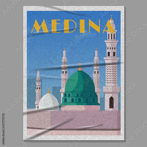 Medina City Nabawi Mosque illustrated retro poster in glued paper vector
