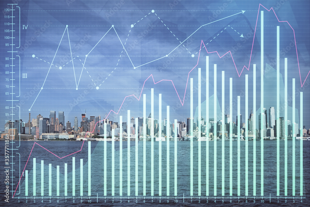Naklejka premium Forex graph on city view with skyscrapers background double exposure. Financial analysis concept.