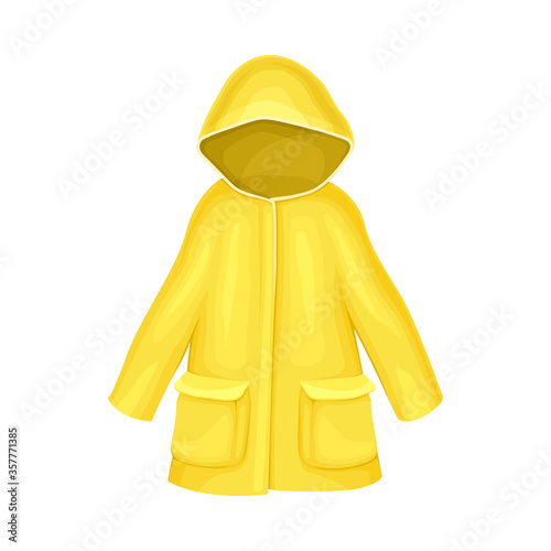 Waterproof Raincoat or Yellow Mackintosh with Hood and Long Sleeves Vector Illustration