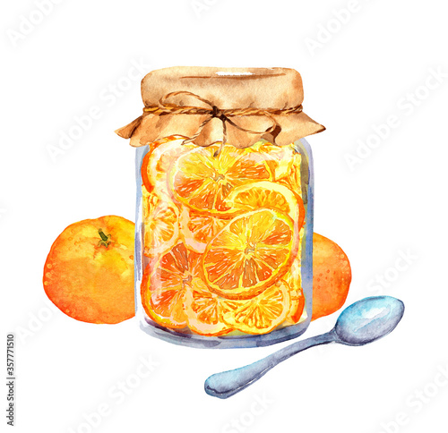 Orange fruits, jam - glass jar with citrus slices, spoon. Watercolor food
