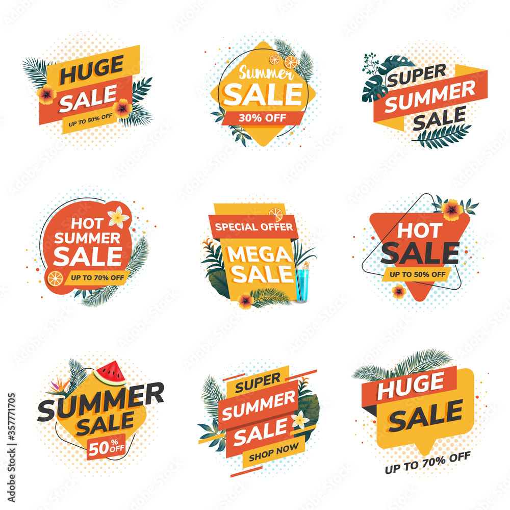Collection of Summer Sale Discount Styled origami Banners, Labels, Tags, Emblems. Vector