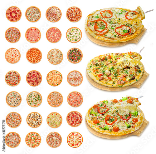 Collection with small pizzas. 31 types of pizzas. Isolated image on a white background.
