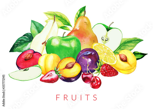Heap of mixed fruits, hand drawn vector watercolor