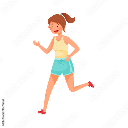 Young Woman in Sportswear Running in Marathon Vector Illustration