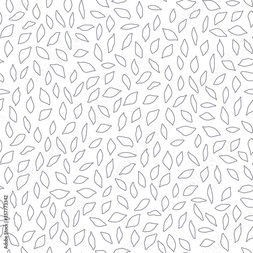 Seamless pattern of small black leaves on white background.
