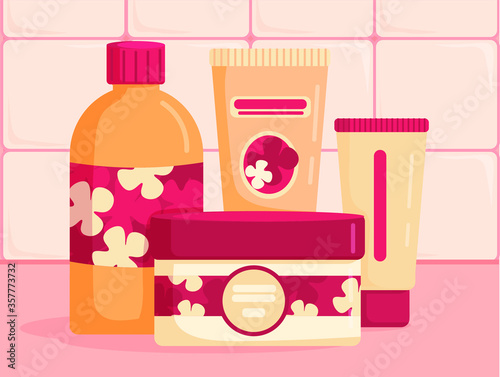 Jars and tubes of cosmetics for care are in the bathroom