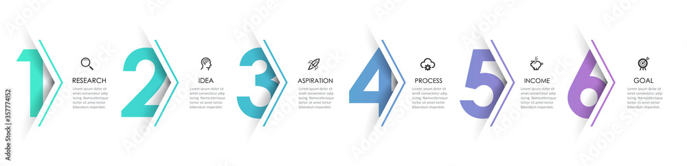 Vector Infographic arrow design with 6 options or steps. Infographics for business concept. Can be used for presentations banner, workflow layout, process diagram, flow chart, info graph
