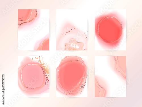 Ink, marble, watercolor imitation. Vector abstarct spot, shape. Creative background for card, invitation, logo, branding. Frame for text. Golden glitter, foil shiny effect.